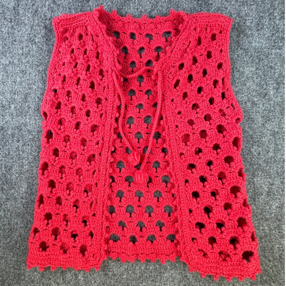 Vintage Crochet Open Knit Tie Front Pom Pom Vest Small Red Boho Festival Artisan